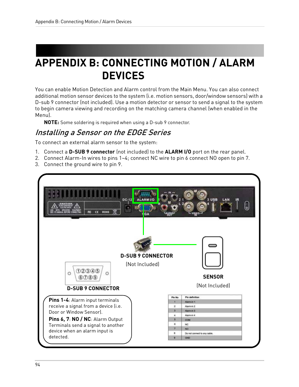 Installing a sensor on the edge series, Connect the ground wire to pin 9, Appendix b: connecting motion / alarm devices | LOREX Technology NETWORK READY H.264 HIGH PERFORMANCE DIGITAL VIDEO SURVEILLANCE RECORDER LH300 Series User Manual | Page 108 / 130