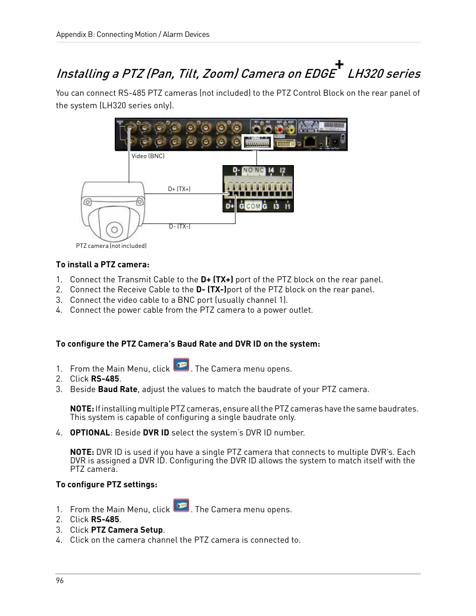 D- (tx-), From the main menu, click . the camera menu opens, Click rs-485 | Click ptz camera setup, Installing a ptz (pan, tilt, zoom) camera on edge, Lh320 series | LOREX Technology NETWORK READY H.264 HIGH PERFORMANCE DIGITAL VIDEO SURVEILLANCE RECORDER LH300 Series User Manual | Page 110 / 130