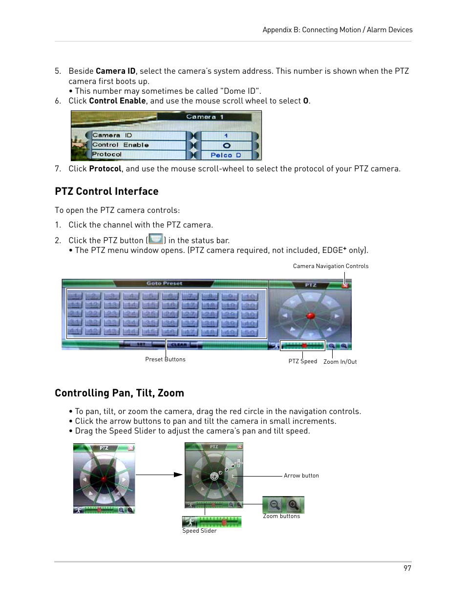 Click the channel with the ptz camera, Click the ptz button () in the status bar, Preset buttons | Controlling pan, tilt, zoom, Arrow button, Ptz control interface | LOREX Technology NETWORK READY H.264 HIGH PERFORMANCE DIGITAL VIDEO SURVEILLANCE RECORDER LH300 Series User Manual | Page 111 / 130