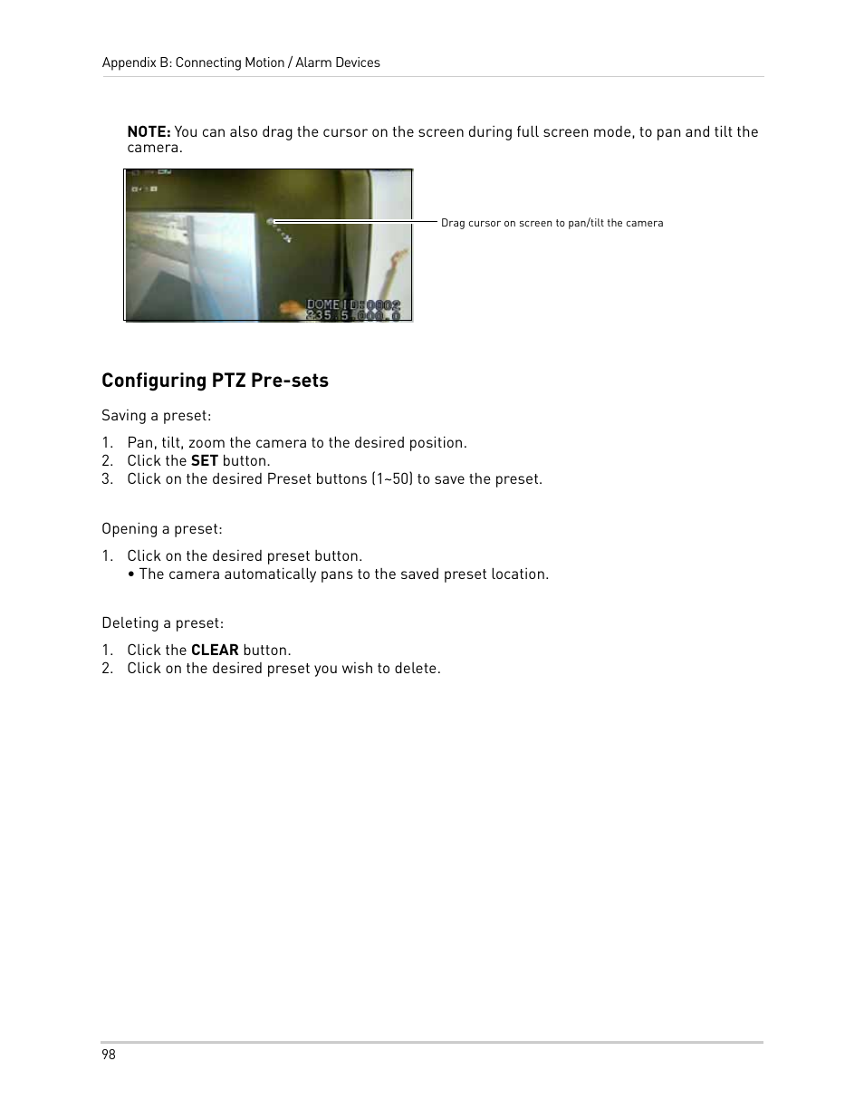 Drag cursor on screen to pan/tilt the camera, Pan, tilt, zoom the camera to the desired position, Click the set button | Click on the desired preset button, Click the clear button, Click on the desired preset you wish to delete, Configuring ptz pre-sets | LOREX Technology NETWORK READY H.264 HIGH PERFORMANCE DIGITAL VIDEO SURVEILLANCE RECORDER LH300 Series User Manual | Page 112 / 130