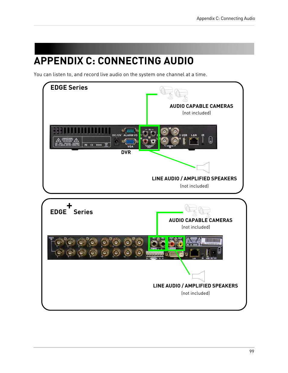 Appendix c: connecting audio | LOREX Technology NETWORK READY H.264 HIGH PERFORMANCE DIGITAL VIDEO SURVEILLANCE RECORDER LH300 Series User Manual | Page 113 / 130