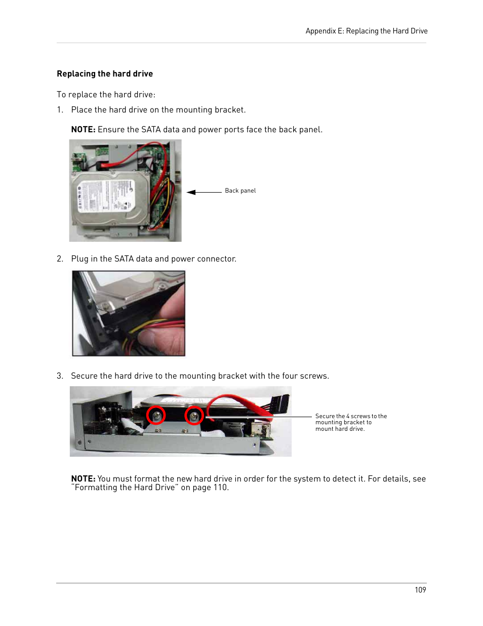 Place the hard drive on the mounting bracket, Back panel, Plug in the sata data and power connector | LOREX Technology NETWORK READY H.264 HIGH PERFORMANCE DIGITAL VIDEO SURVEILLANCE RECORDER LH300 Series User Manual | Page 123 / 130