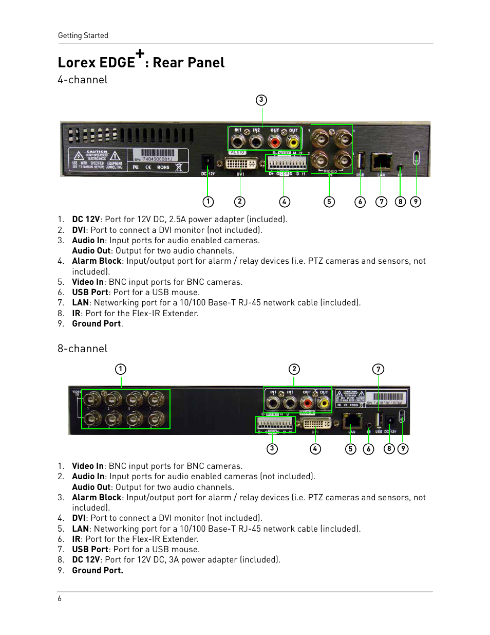 Dvi: port to connect a dvi monitor (not included), Video in: bnc input ports for bnc cameras, Usb port: port for a usb mouse | Ir: port for the flex-ir extender, Ground port, Lorex edge+: rear panel, Lorex edge, Rear panel, Channel | LOREX Technology NETWORK READY H.264 HIGH PERFORMANCE DIGITAL VIDEO SURVEILLANCE RECORDER LH300 Series User Manual | Page 20 / 130