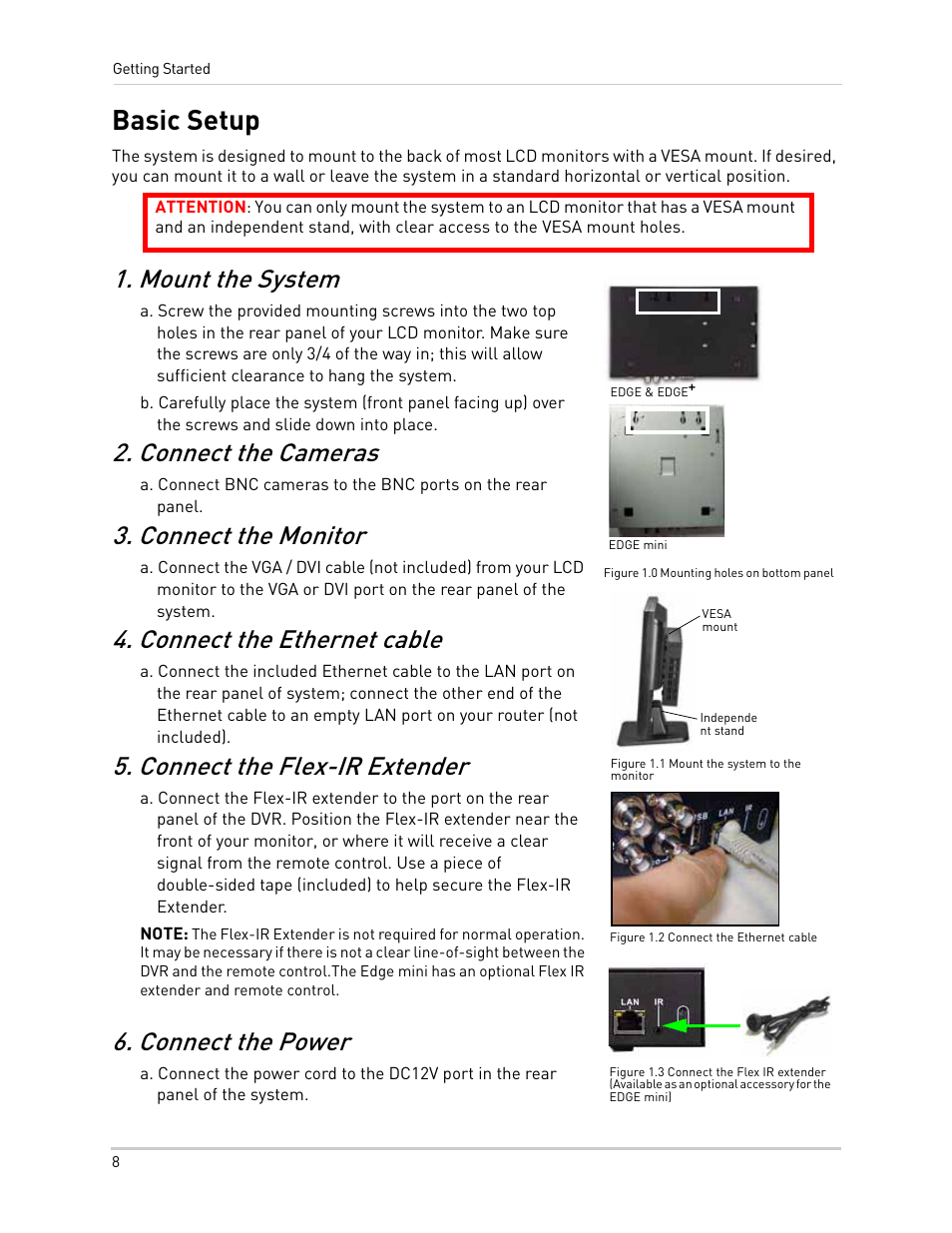Basic setup, Mount the system, Connect the cameras | Connect the monitor, Connect the ethernet cable, Connect the flex-ir extender, Connect the power | LOREX Technology NETWORK READY H.264 HIGH PERFORMANCE DIGITAL VIDEO SURVEILLANCE RECORDER LH300 Series User Manual | Page 22 / 130