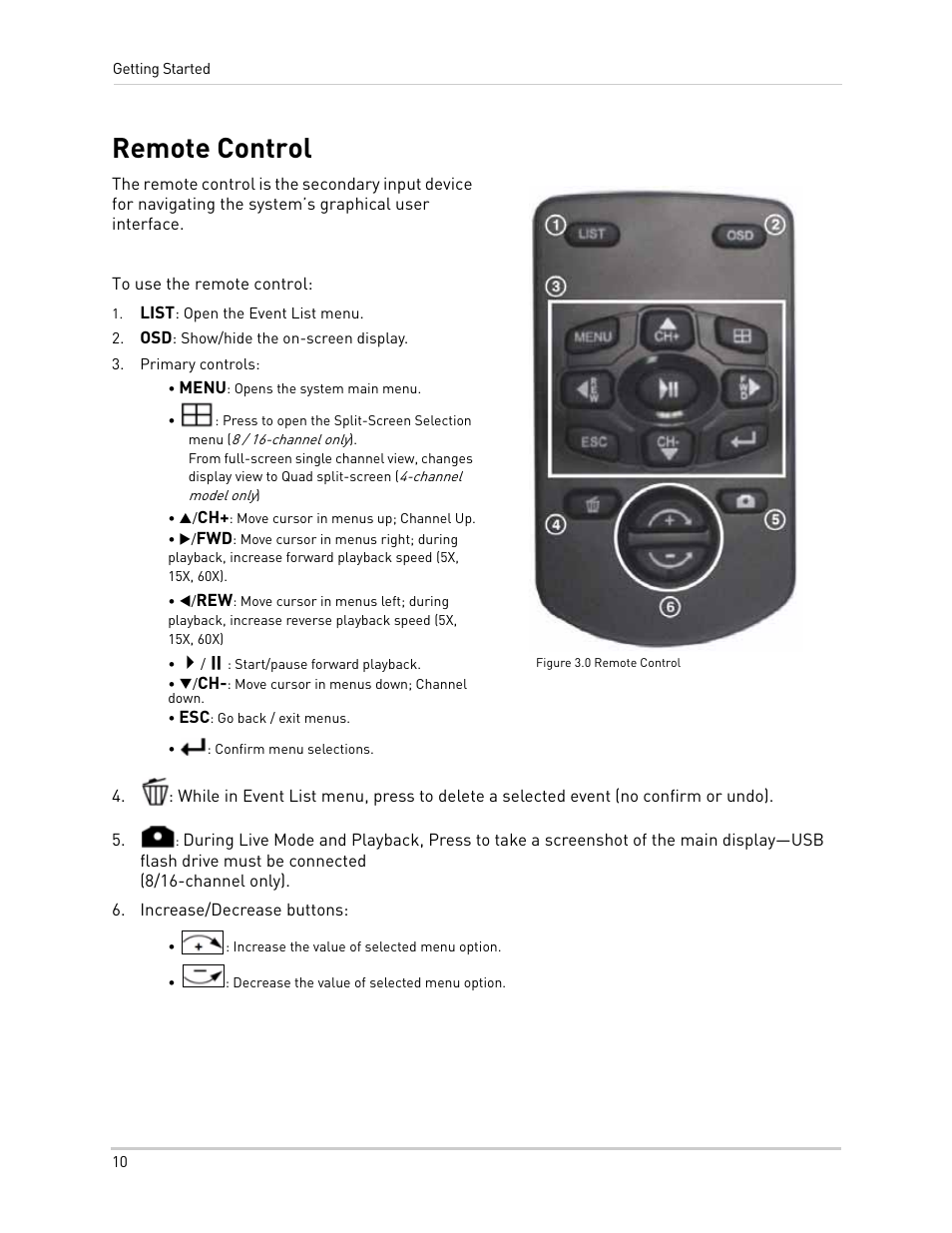 Figure 3.0 remote control, List: open the event list menu, Osd: show/hide the on-screen display | Primary controls, Menu: opens the system main menu, P/ch+: move cursor in menus up; channel up, 4/;: start/pause forward playback, Q/ch-: move cursor in menus down; channel down, Esc: go back / exit menus, Confirm menu selections | LOREX Technology NETWORK READY H.264 HIGH PERFORMANCE DIGITAL VIDEO SURVEILLANCE RECORDER LH300 Series User Manual | Page 24 / 130
