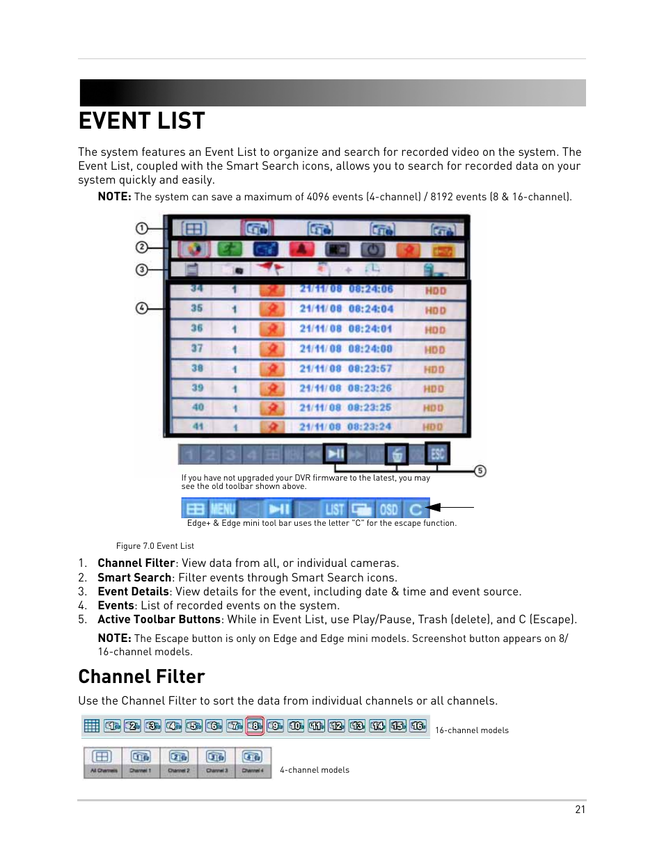 Figure 7.0 event list, Events: list of recorded events on the system, Channel models | Event list, Channel filter | LOREX Technology NETWORK READY H.264 HIGH PERFORMANCE DIGITAL VIDEO SURVEILLANCE RECORDER LH300 Series User Manual | Page 35 / 130