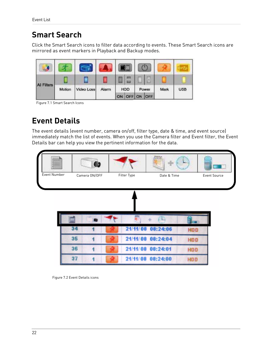 Figure 7.1 smart search icons, Event number, Smart search event details | Smart search, Event details | LOREX Technology NETWORK READY H.264 HIGH PERFORMANCE DIGITAL VIDEO SURVEILLANCE RECORDER LH300 Series User Manual | Page 36 / 130