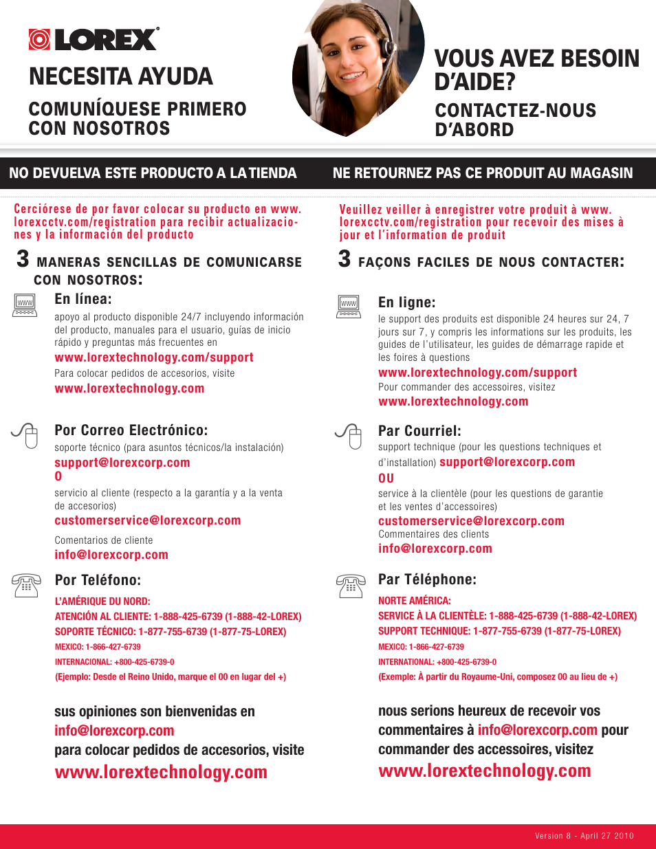 Necesita ayuda, Vous avez besoin d’aide, Comuníquese primero con nosotros | Contactez-nous d’abord | LOREX Technology NETWORK READY H.264 HIGH PERFORMANCE DIGITAL VIDEO SURVEILLANCE RECORDER LH300 Series User Manual | Page 4 / 130