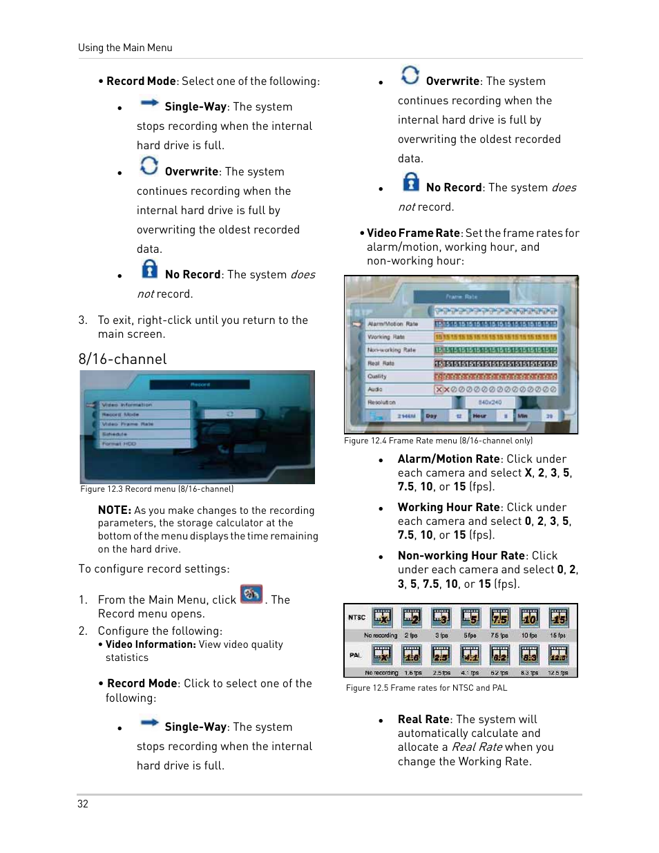 Figure 12.3 record menu (8/16-channel), From the main menu, click . the record menu opens, Configure the following | Figure 12.4 frame rate menu (8/16-channel only), Figure 12.5 frame rates for ntsc and pal, 8/16-channel | LOREX Technology NETWORK READY H.264 HIGH PERFORMANCE DIGITAL VIDEO SURVEILLANCE RECORDER LH300 Series User Manual | Page 46 / 130
