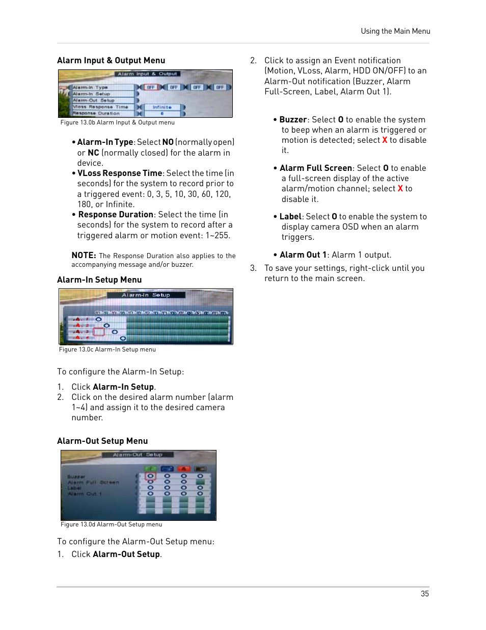 Figure 13.0b alarm input & output menu, Figure 13.0c alarm-in setup menu, Click alarm-in setup | Figure 13.0d alarm-out setup menu, Click alarm-out setup | LOREX Technology NETWORK READY H.264 HIGH PERFORMANCE DIGITAL VIDEO SURVEILLANCE RECORDER LH300 Series User Manual | Page 49 / 130