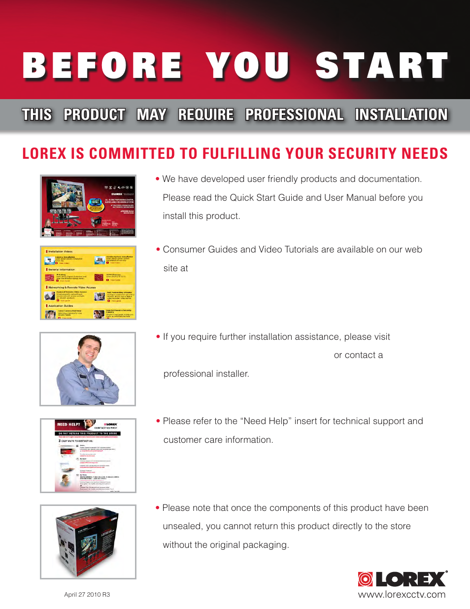 This product may require professional installation | LOREX Technology NETWORK READY H.264 HIGH PERFORMANCE DIGITAL VIDEO SURVEILLANCE RECORDER LH300 Series User Manual | Page 5 / 130