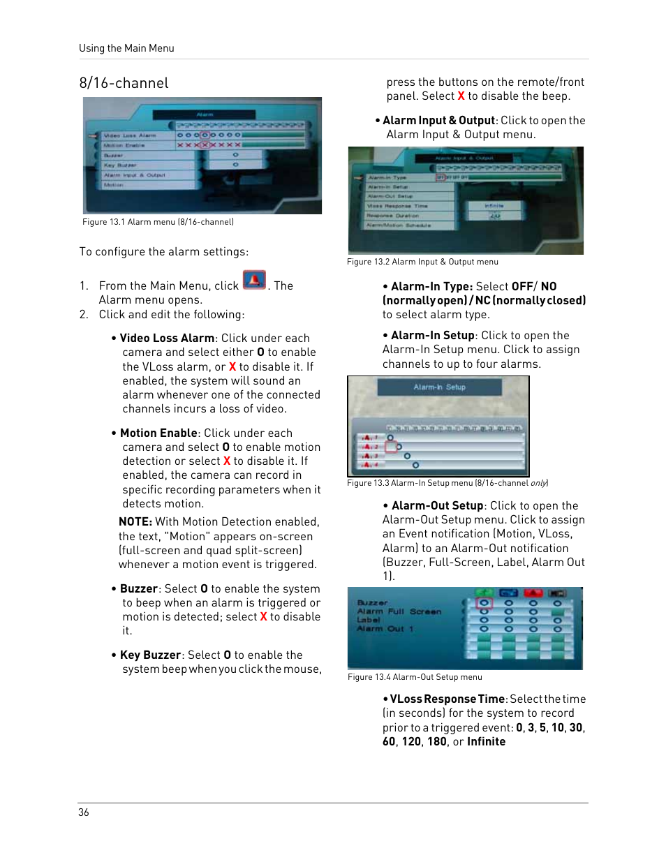 Figure 13.1 alarm menu (8/16-channel), From the main menu, click . the alarm menu opens, Click and edit the following | Figure 13.2 alarm input & output menu, Figure 13.4 alarm-out setup menu, 8/16-channel | LOREX Technology NETWORK READY H.264 HIGH PERFORMANCE DIGITAL VIDEO SURVEILLANCE RECORDER LH300 Series User Manual | Page 50 / 130