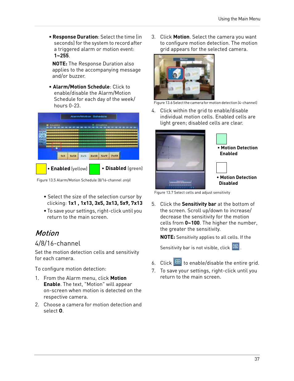 Enabled (yellow), Choose a camera for motion detection and select o, Motion detection disabled | Click to enable/disable the entire grid, Motion, 4/8/16-channel | LOREX Technology NETWORK READY H.264 HIGH PERFORMANCE DIGITAL VIDEO SURVEILLANCE RECORDER LH300 Series User Manual | Page 51 / 130