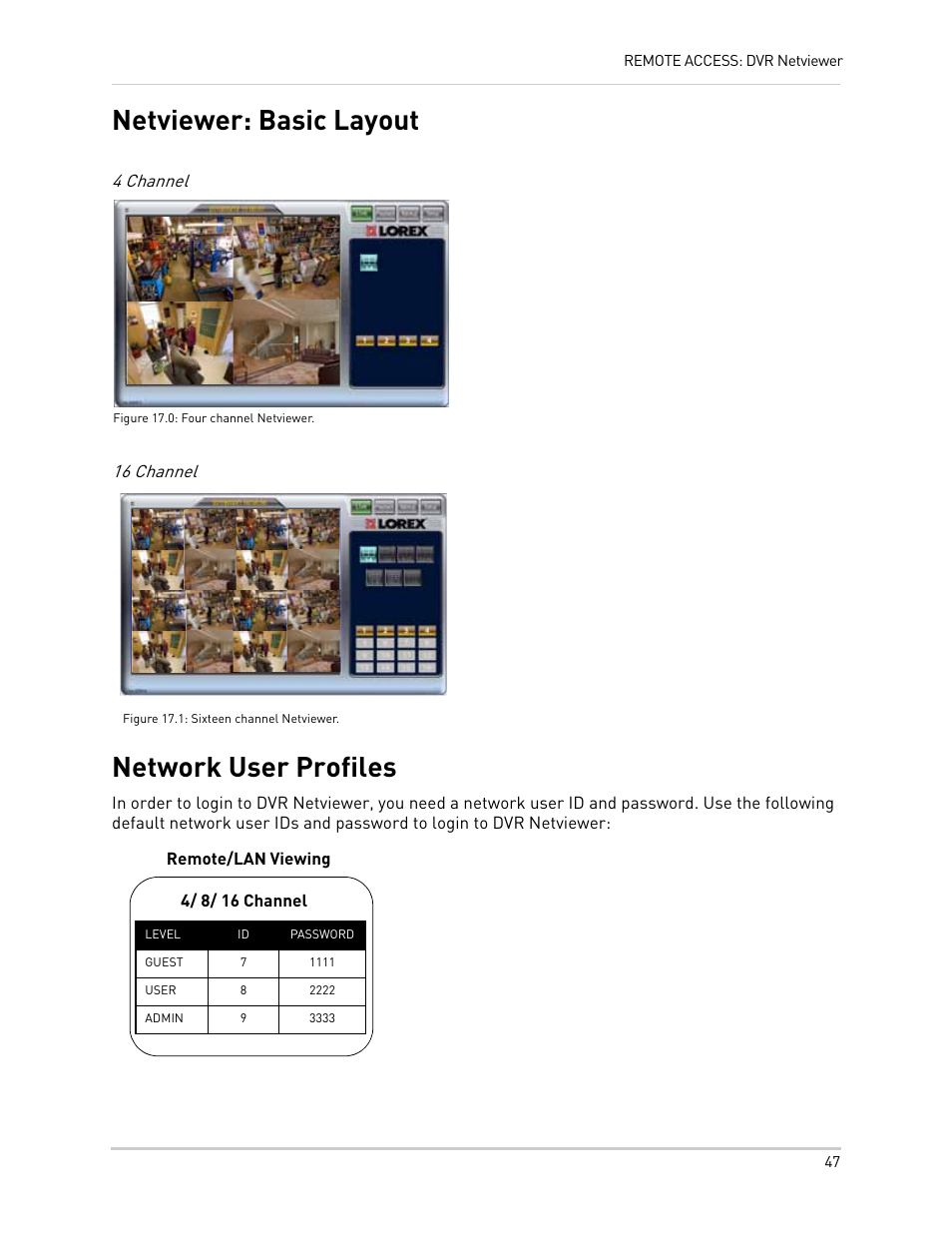 Figure 17.0: four channel netviewer, Figure 17.1: sixteen channel netviewer, Netviewer: basic layout network user profiles | Netviewer: basic layout, Network user profiles | LOREX Technology NETWORK READY H.264 HIGH PERFORMANCE DIGITAL VIDEO SURVEILLANCE RECORDER LH300 Series User Manual | Page 61 / 130