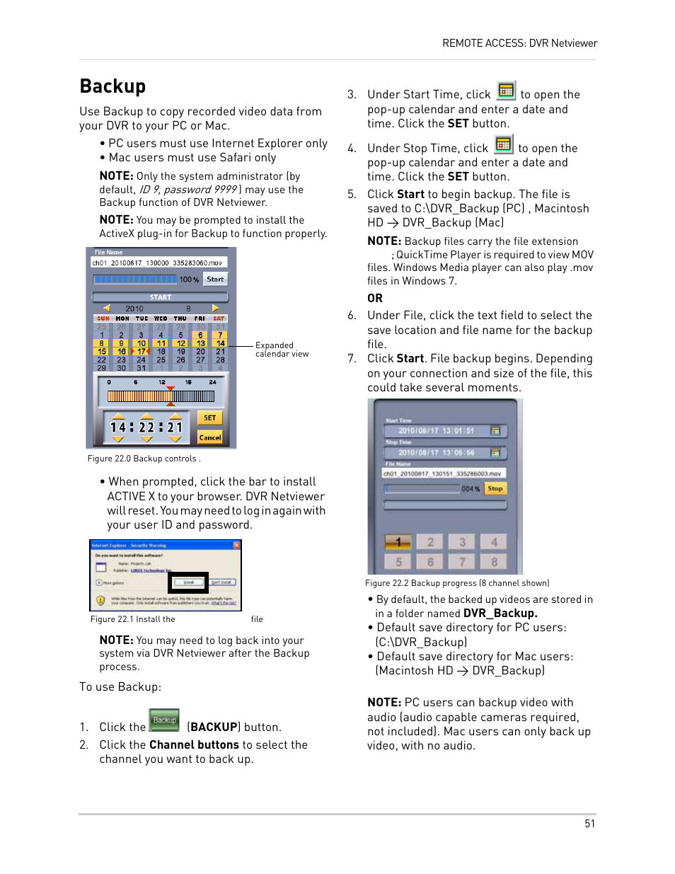 Figure 22.0 backup controls, Figure 22.1 install the project1.cab file, Click the (backup) button | Figure 22.2 backup progress (8 channel shown), Backup | LOREX Technology NETWORK READY H.264 HIGH PERFORMANCE DIGITAL VIDEO SURVEILLANCE RECORDER LH300 Series User Manual | Page 65 / 130