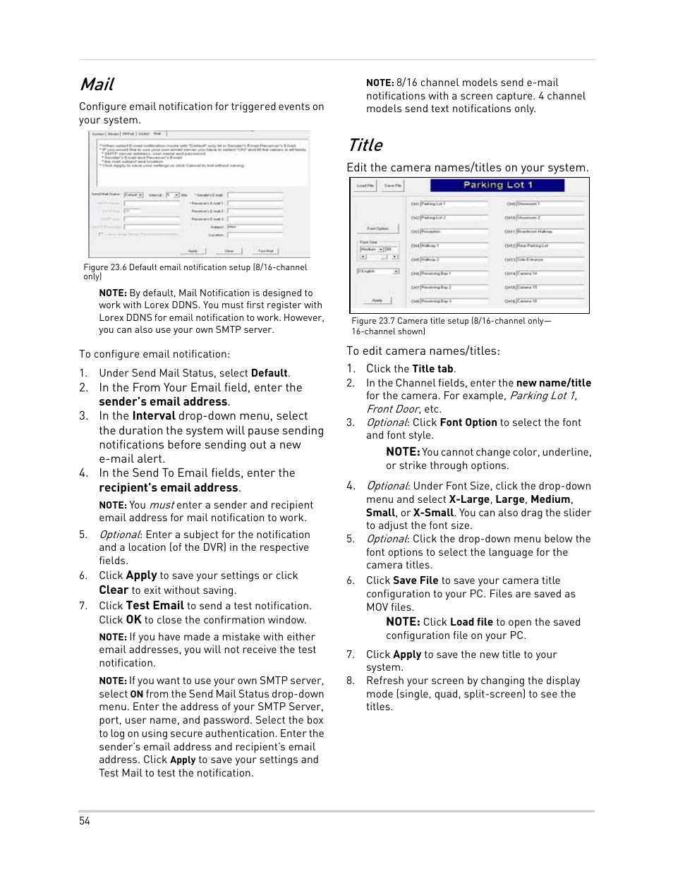 Under send mail status, select default, Click the title tab, Click apply to save the new title to your system | Mail title, Mail, Title | LOREX Technology NETWORK READY H.264 HIGH PERFORMANCE DIGITAL VIDEO SURVEILLANCE RECORDER LH300 Series User Manual | Page 68 / 130