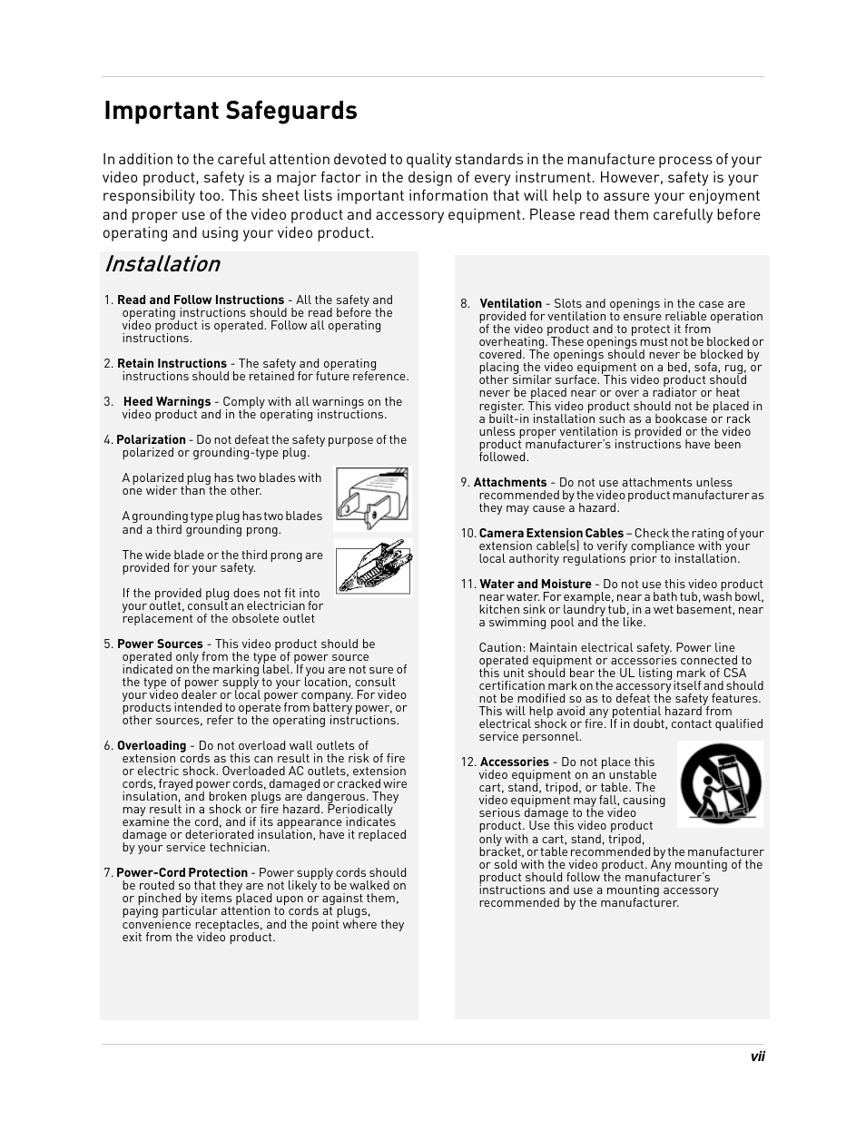 Important safeguards, Installation | LOREX Technology NETWORK READY H.264 HIGH PERFORMANCE DIGITAL VIDEO SURVEILLANCE RECORDER LH300 Series User Manual | Page 7 / 130