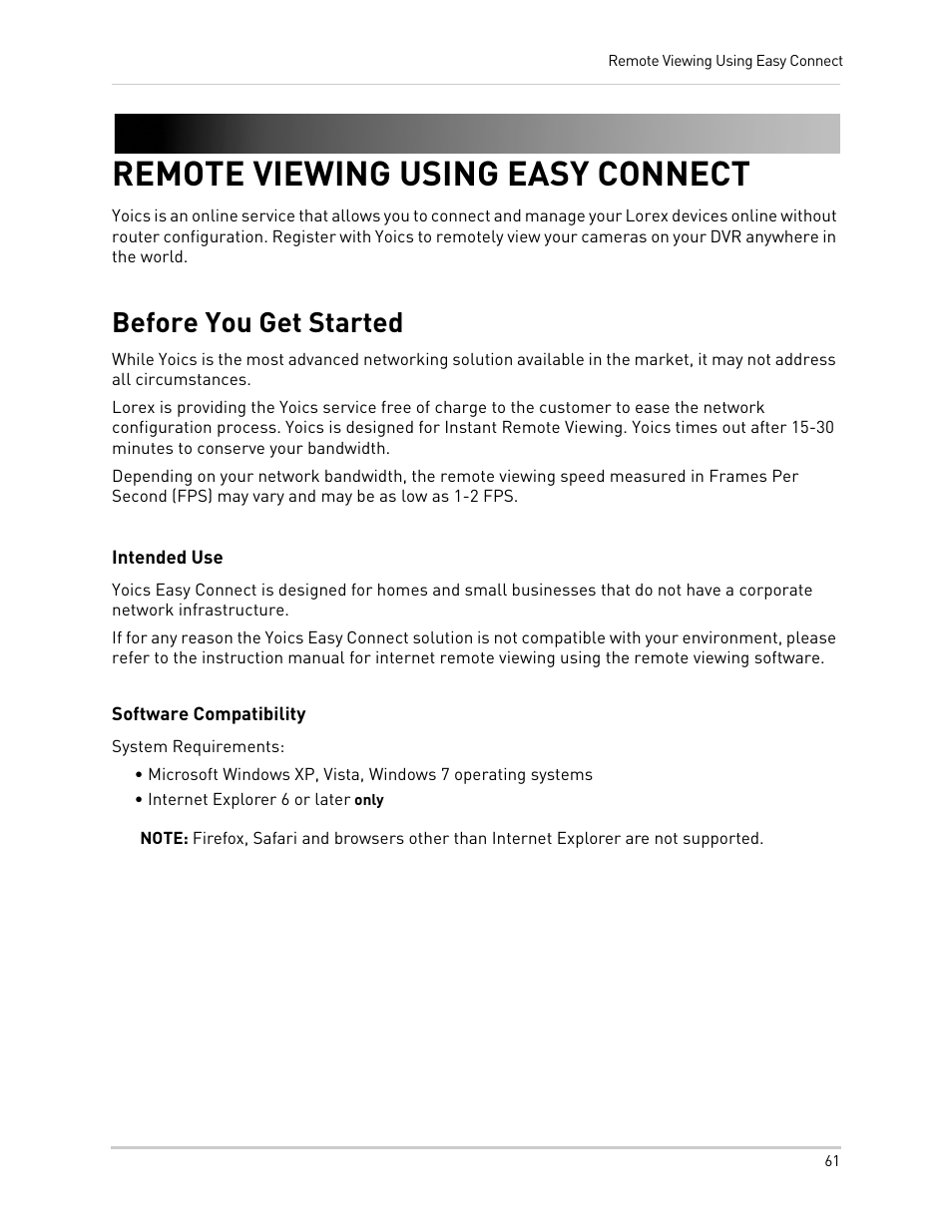 Intended use, Software compatibility, Remote viewing using easy connect | Before you get started | LOREX Technology NETWORK READY H.264 HIGH PERFORMANCE DIGITAL VIDEO SURVEILLANCE RECORDER LH300 Series User Manual | Page 75 / 130