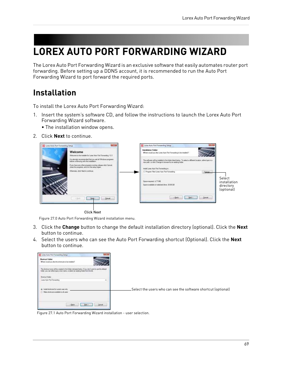 Click next to continue, Click next, Lorex auto port forwarding wizard | Installation, See “lorex auto port forwarding wizard” on | LOREX Technology NETWORK READY H.264 HIGH PERFORMANCE DIGITAL VIDEO SURVEILLANCE RECORDER LH300 Series User Manual | Page 83 / 130
