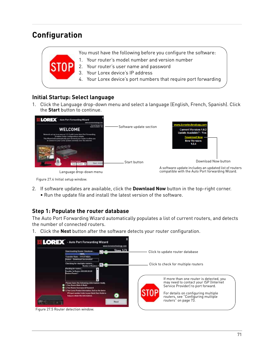 Your router’s model number and version number, Your router’s user name and password, Your lorex device’s ip address | Start button, Click to check for multiple routers, Configuration, Initial startup: select language, Step 1: populate the router database | LOREX Technology NETWORK READY H.264 HIGH PERFORMANCE DIGITAL VIDEO SURVEILLANCE RECORDER LH300 Series User Manual | Page 85 / 130