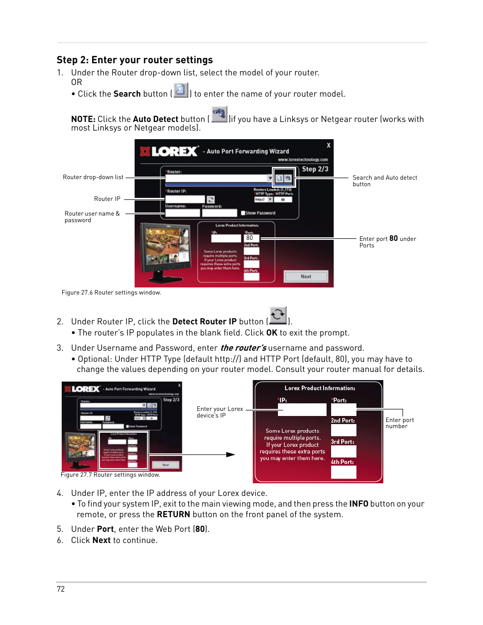 Search and auto detect button, Enter your lorex device’s ip, Under port, enter the web port (80) | Click next to continue, Step 2: enter your router settings | LOREX Technology NETWORK READY H.264 HIGH PERFORMANCE DIGITAL VIDEO SURVEILLANCE RECORDER LH300 Series User Manual | Page 86 / 130