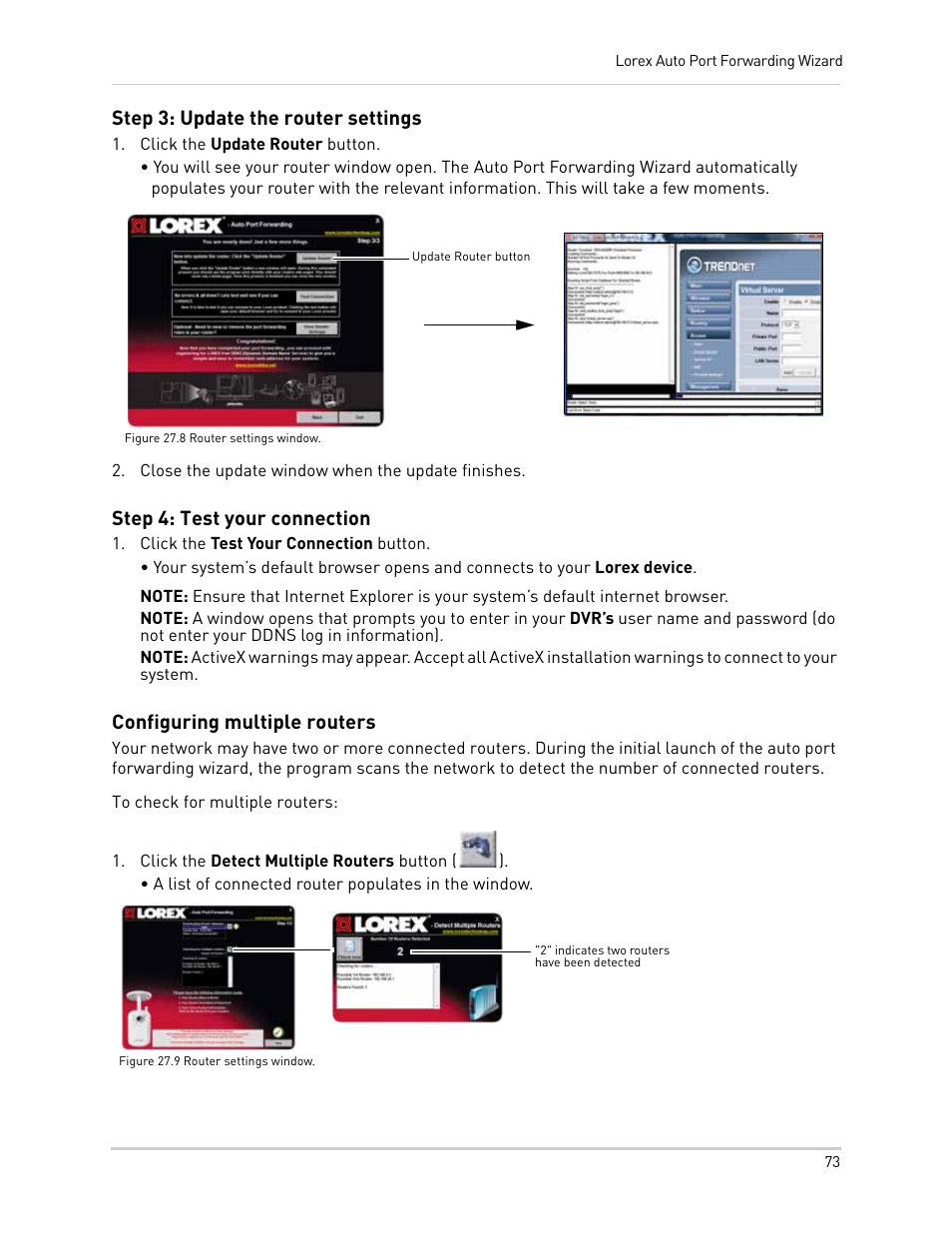Click the update router button, Update router button, Close the update window when the update finishes | Click the test your connection button, Click the detect multiple routers button (), 2" indicates two routers have been detected, Step 3: update the router settings, Step 4: test your connection, Configuring multiple routers | LOREX Technology NETWORK READY H.264 HIGH PERFORMANCE DIGITAL VIDEO SURVEILLANCE RECORDER LH300 Series User Manual | Page 87 / 130