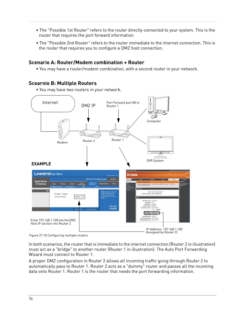 Scenario a: router/modem combination + router, Scearnio b: multiple routers | LOREX Technology NETWORK READY H.264 HIGH PERFORMANCE DIGITAL VIDEO SURVEILLANCE RECORDER LH300 Series User Manual | Page 88 / 130