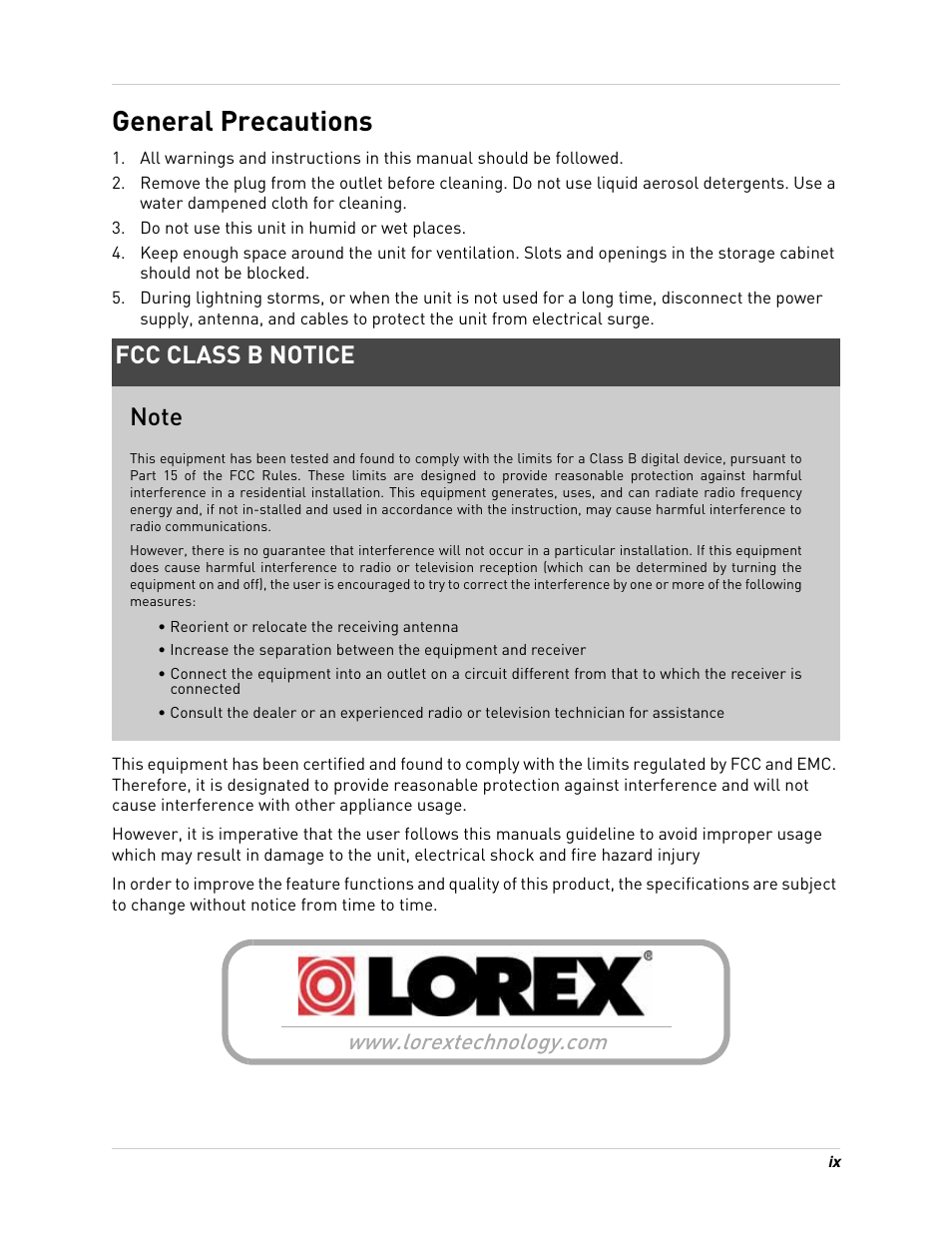 Do not use this unit in humid or wet places, Www.lorextechnology.com, General precautions | LOREX Technology NETWORK READY H.264 HIGH PERFORMANCE DIGITAL VIDEO SURVEILLANCE RECORDER LH300 Series User Manual | Page 9 / 130