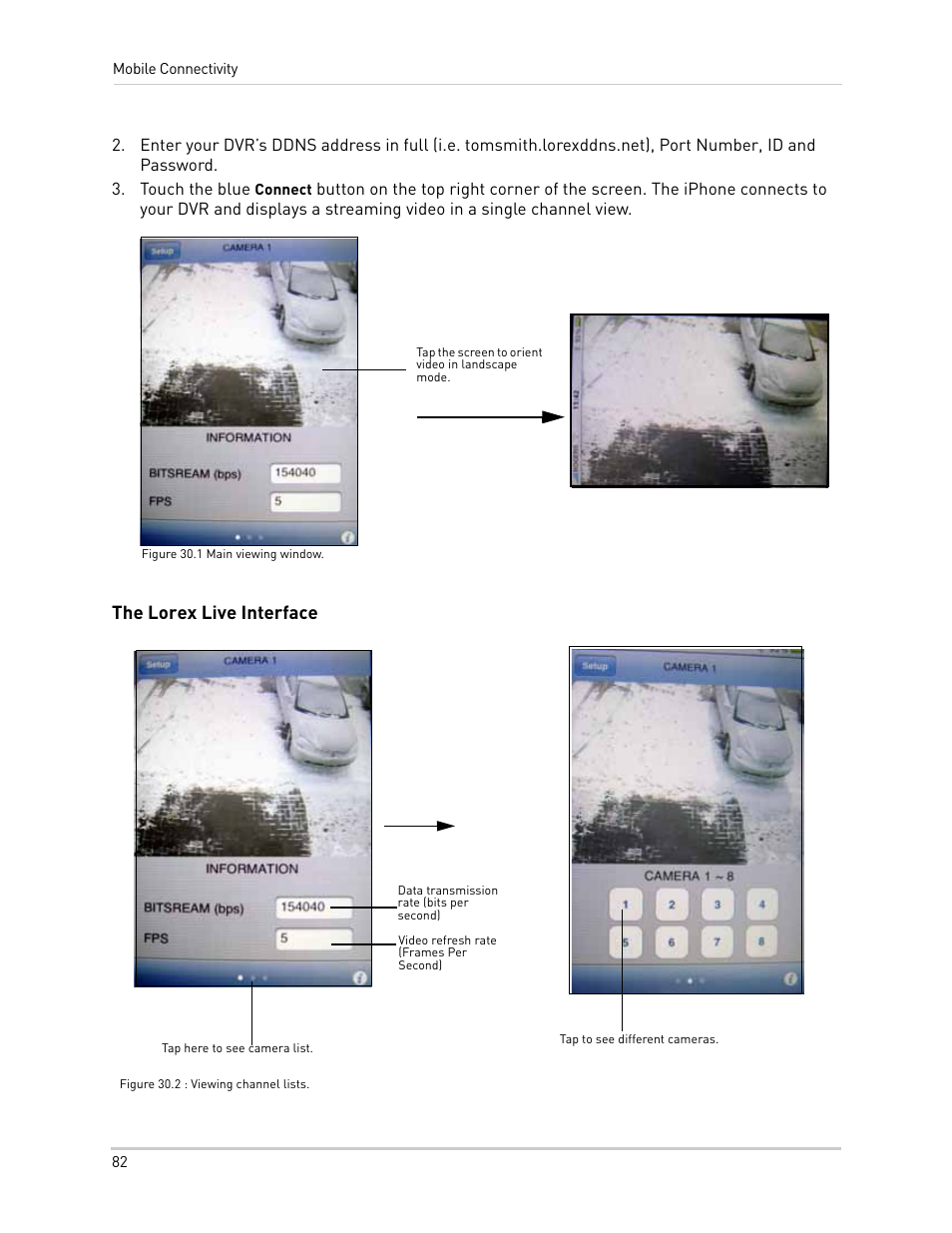 Figure 30.1 main viewing window, Tap here to see camera list, The lorex live interface | LOREX Technology NETWORK READY H.264 HIGH PERFORMANCE DIGITAL VIDEO SURVEILLANCE RECORDER LH300 Series User Manual | Page 96 / 130