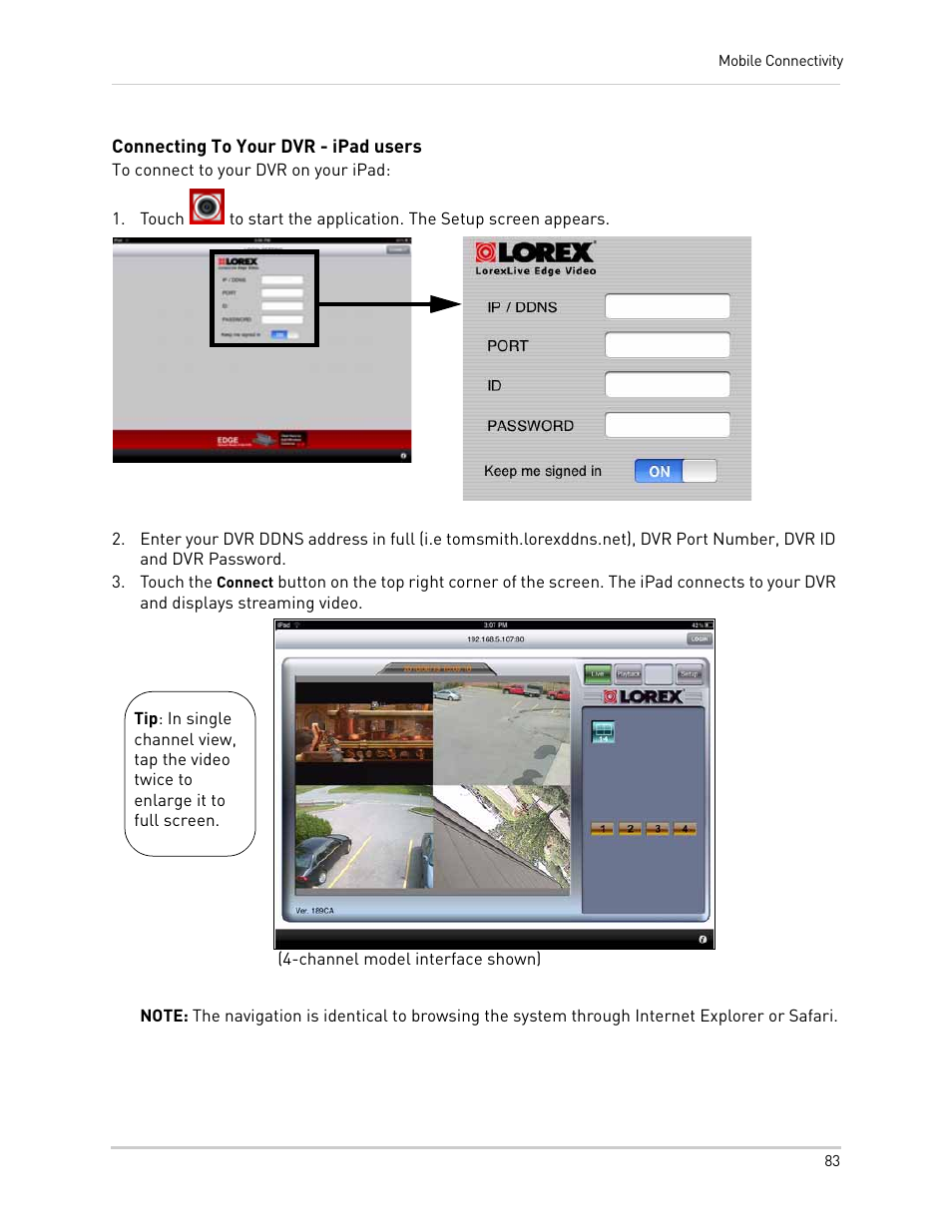 Connecting to your dvr - ipad users | LOREX Technology NETWORK READY H.264 HIGH PERFORMANCE DIGITAL VIDEO SURVEILLANCE RECORDER LH300 Series User Manual | Page 97 / 130