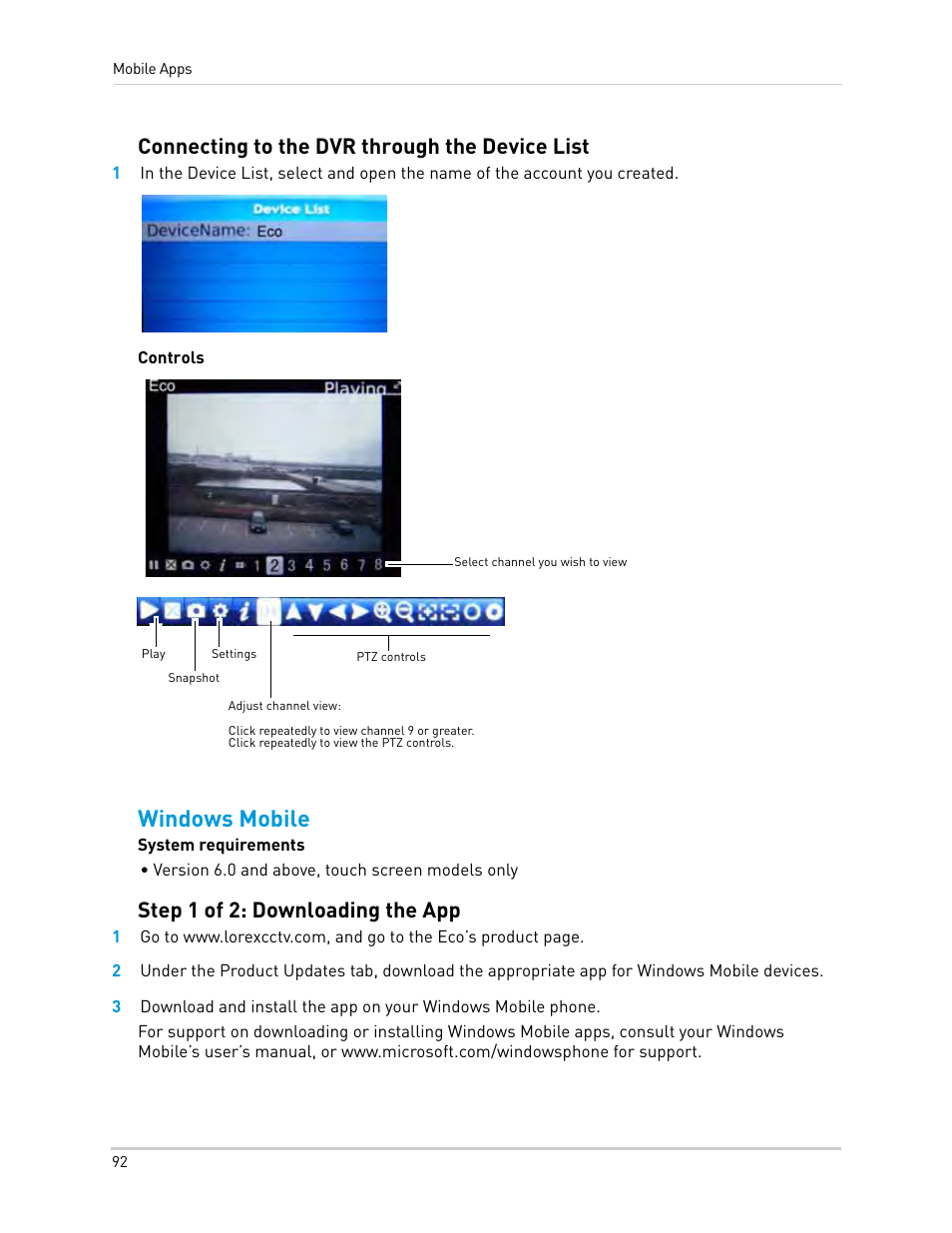 Windows mobile, Connecting to the dvr through the device list, Step 1 of 2: downloading the app | LOREX Technology Lorex Digital Video Surveillance Recorder lh1 10 User Manual | Page 106 / 168