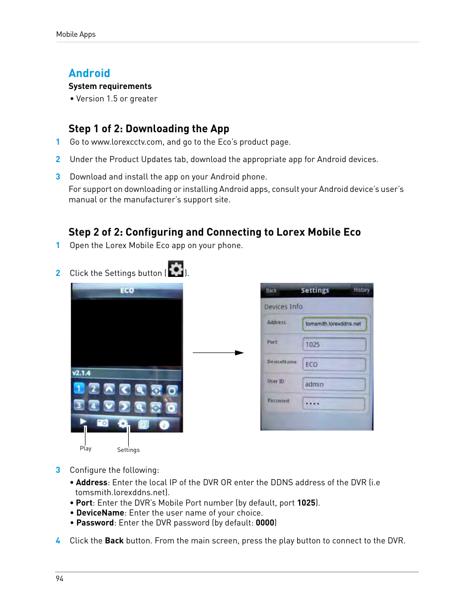 1 open the lorex mobile eco app on your phone, 2 click the settings button (), 3 configure the following | Android, Step 1 of 2: downloading the app | LOREX Technology Lorex Digital Video Surveillance Recorder lh1 10 User Manual | Page 108 / 168
