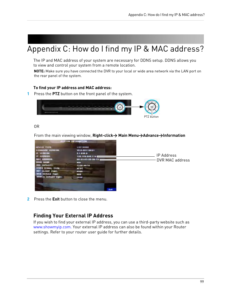 Appendix c: how do i find my ip & mac address, 2 press the exit button to close the menu, Finding your external ip address | LOREX Technology Lorex Digital Video Surveillance Recorder lh1 10 User Manual | Page 113 / 168
