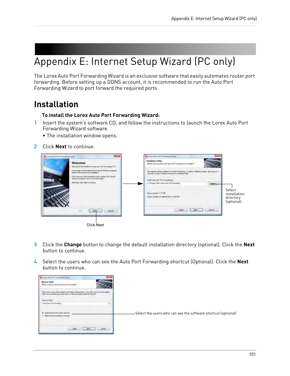 Appendix e: internet setup wizard (pc only), 2 click next to continue, Installation | LOREX Technology Lorex Digital Video Surveillance Recorder lh1 10 User Manual | Page 115 / 168