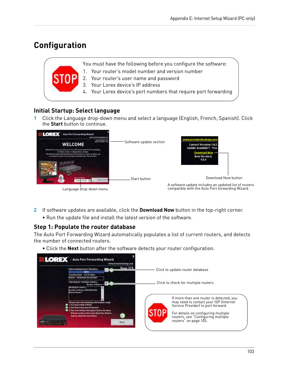 Your router’s model number and version number, Your router’s user name and password, Your lorex device’s ip address | Configuration, Initial startup: select language, Step 1: populate the router database | LOREX Technology Lorex Digital Video Surveillance Recorder lh1 10 User Manual | Page 117 / 168