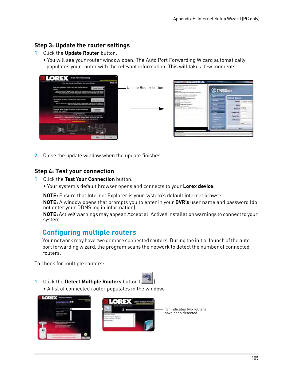 1 click the update router button, 2 close the update window when the update finishes, 1 click the test your connection button | 1 click the detect multiple routers button (), Configuring multiple routers | LOREX Technology Lorex Digital Video Surveillance Recorder lh1 10 User Manual | Page 119 / 168
