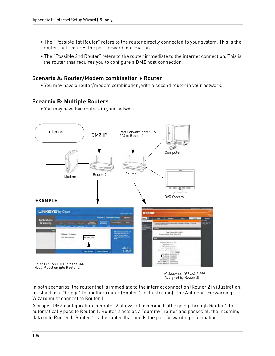 Scenario a: router/modem combination + router, Scearnio b: multiple routers | LOREX Technology Lorex Digital Video Surveillance Recorder lh1 10 User Manual | Page 120 / 168