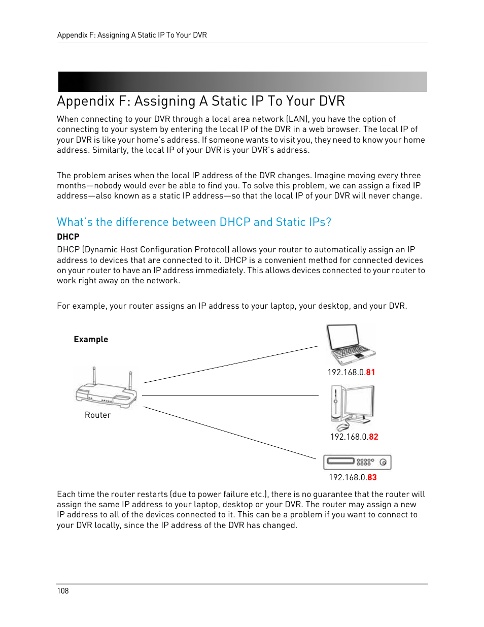 Appendix f: assigning a static ip to your dvr, What’s the difference between dhcp and static ips | LOREX Technology Lorex Digital Video Surveillance Recorder lh1 10 User Manual | Page 122 / 168