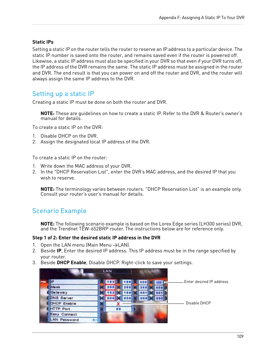 Disable dhcp on the dvr, Assign the designated local ip address of the dvr, Write down the mac address of your dvr | Open the lan menu (main menu >lan), Setting up a static ip, Scenario example | LOREX Technology Lorex Digital Video Surveillance Recorder lh1 10 User Manual | Page 123 / 168