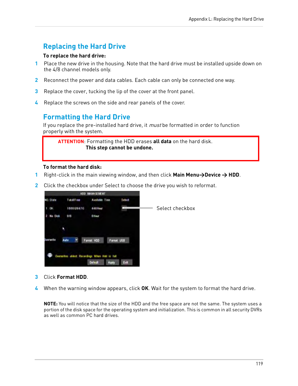 3 click format hdd, Replacing the hard drive, Formatting the hard drive | LOREX Technology Lorex Digital Video Surveillance Recorder lh1 10 User Manual | Page 133 / 168