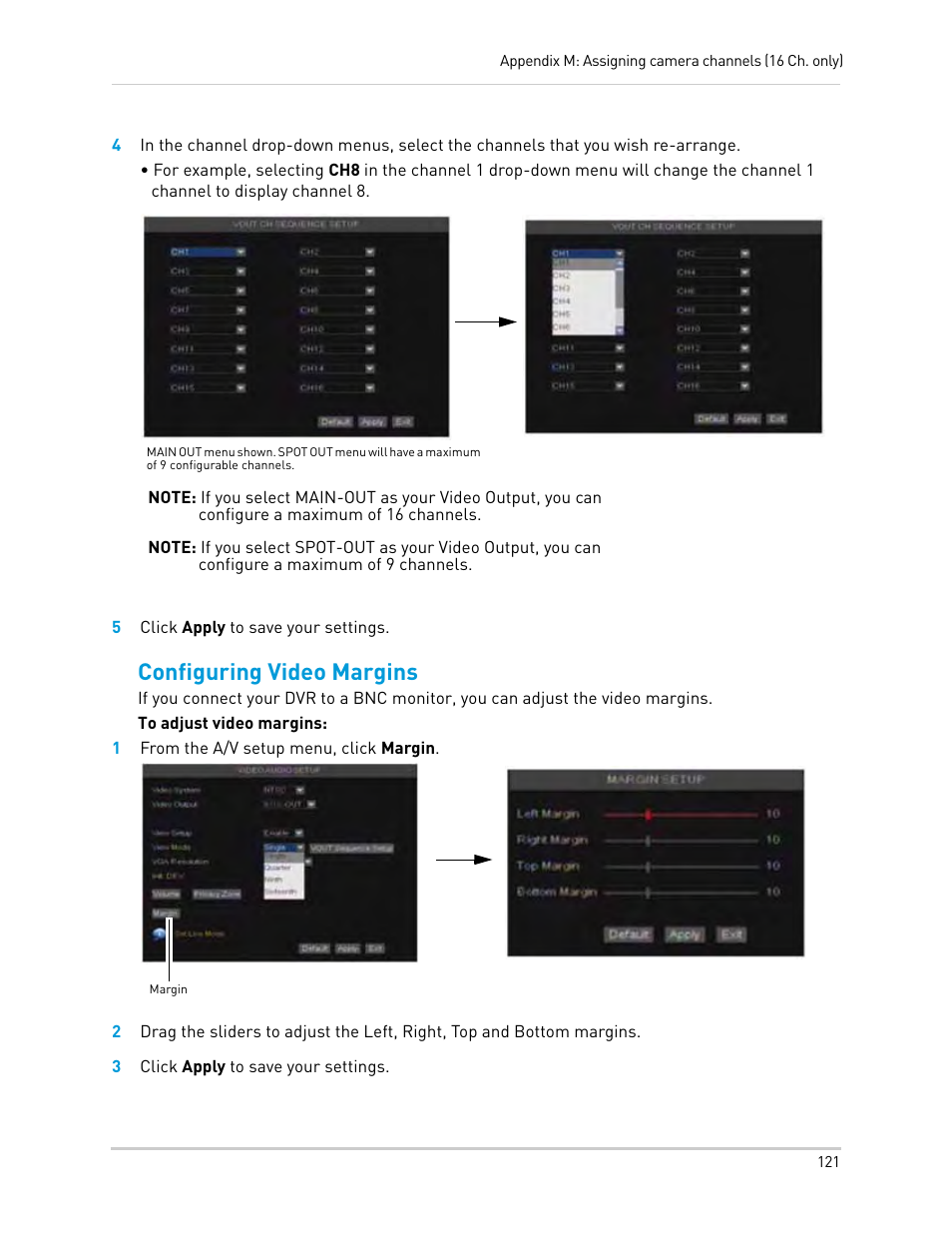 5 click apply to save your settings, 1 from the a/v setup menu, click margin, 3 click apply to save your settings | Configuring video margins | LOREX Technology Lorex Digital Video Surveillance Recorder lh1 10 User Manual | Page 135 / 168