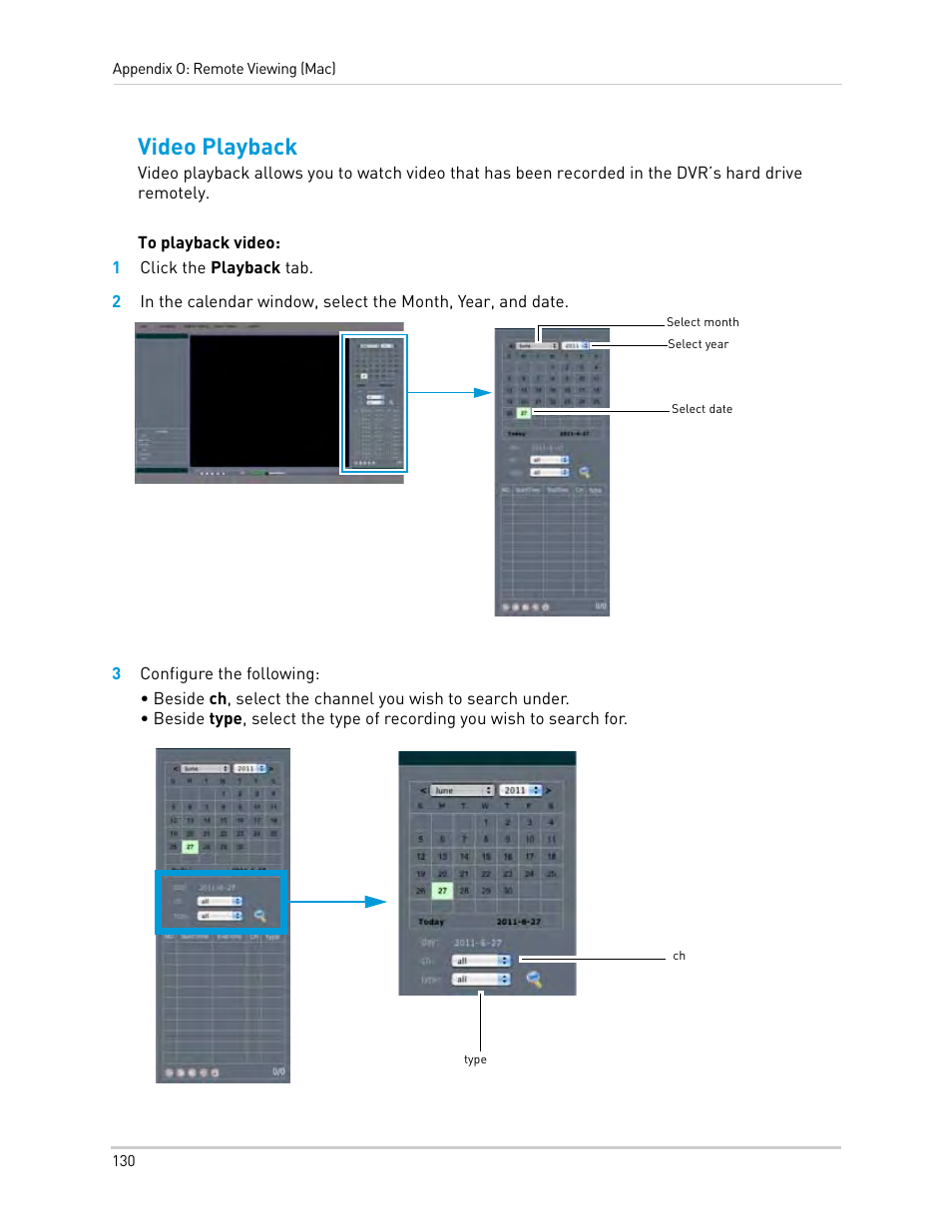 1 click the playback tab, 3 configure the following, Video playback | LOREX Technology Lorex Digital Video Surveillance Recorder lh1 10 User Manual | Page 144 / 168