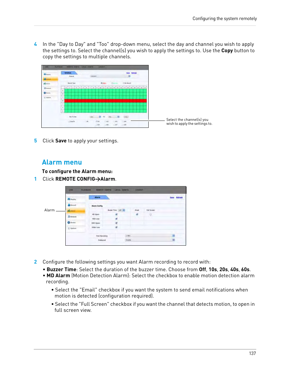 5 click save to apply your settings, 1 click remote config>alarm, Alarm menu | LOREX Technology Lorex Digital Video Surveillance Recorder lh1 10 User Manual | Page 151 / 168