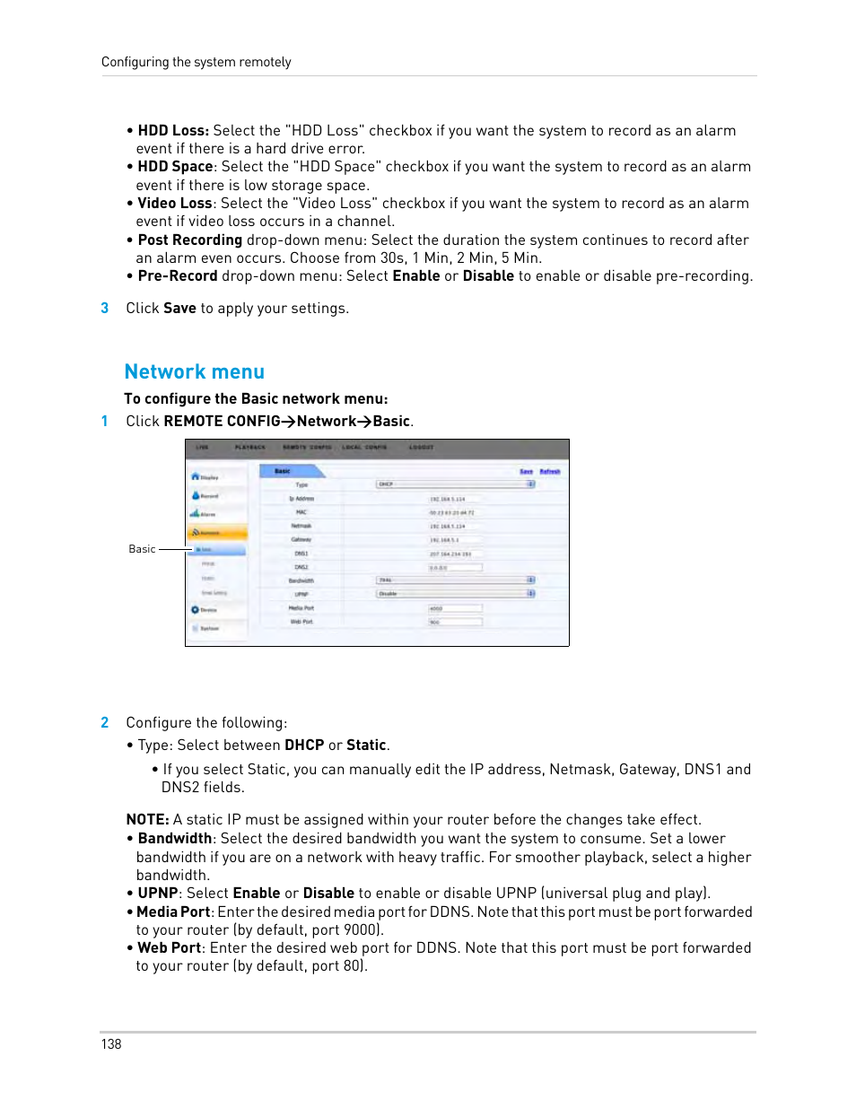 3 click save to apply your settings, 1 click remote config>network>basic, 2 configure the following | Network menu | LOREX Technology Lorex Digital Video Surveillance Recorder lh1 10 User Manual | Page 152 / 168