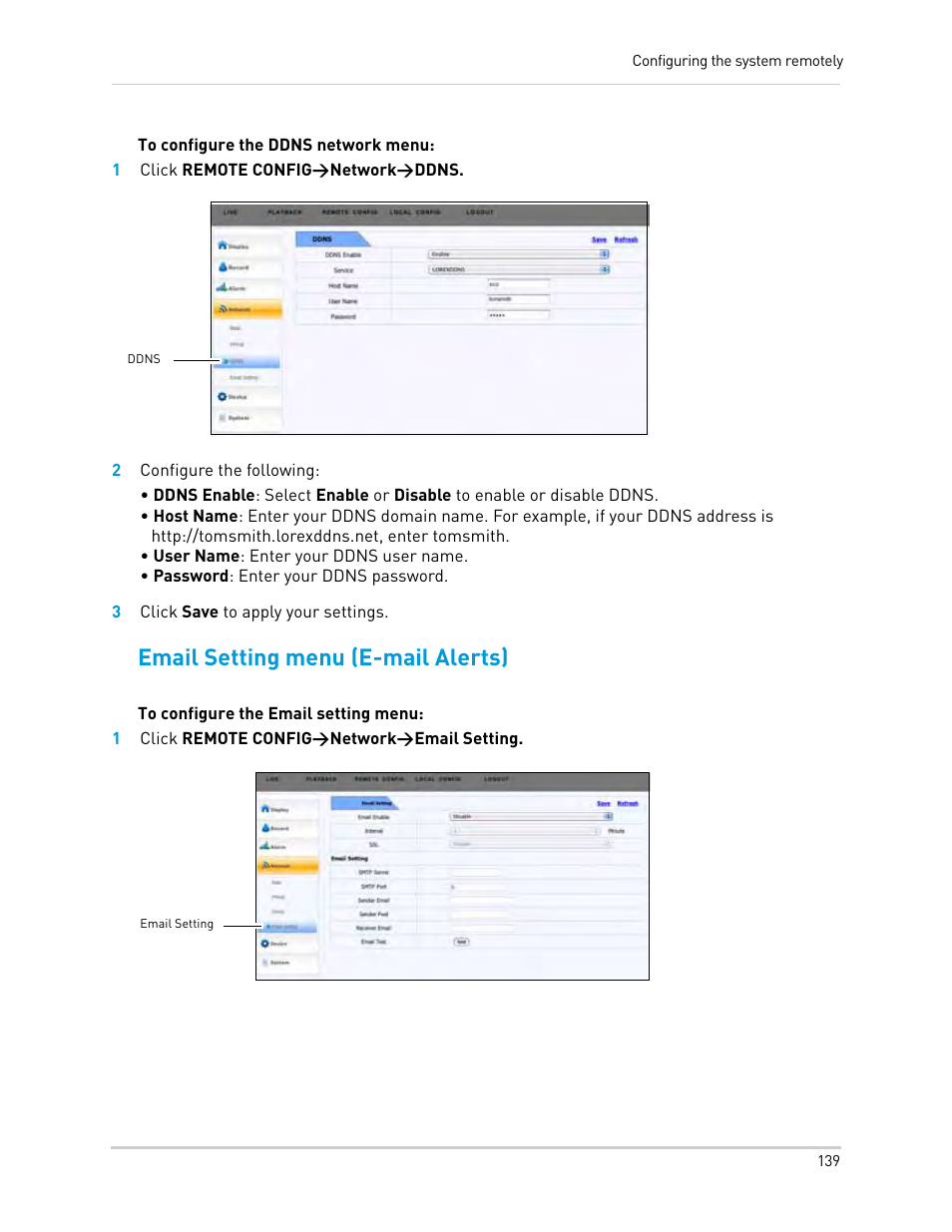 1 click remote config>network>ddns, 2 configure the following, 3 click save to apply your settings | 1 click remote config>network>email setting, Email setting menu (e-mail alerts) | LOREX Technology Lorex Digital Video Surveillance Recorder lh1 10 User Manual | Page 153 / 168