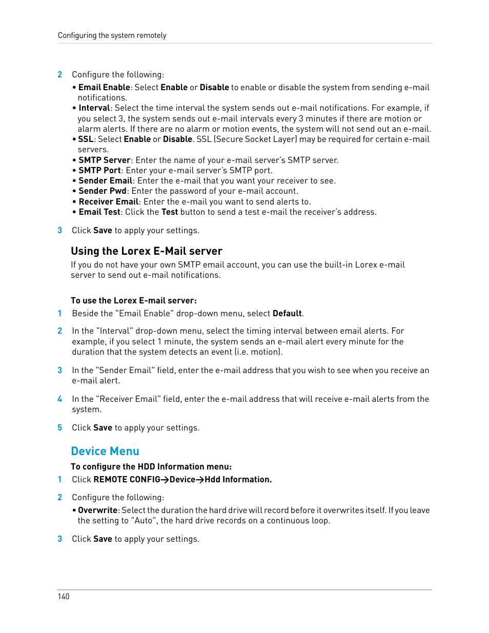 2 configure the following, 3 click save to apply your settings, 5 click save to apply your settings | 1 click remote config>device>hdd information, Device menu, Using the lorex e-mail server | LOREX Technology Lorex Digital Video Surveillance Recorder lh1 10 User Manual | Page 154 / 168