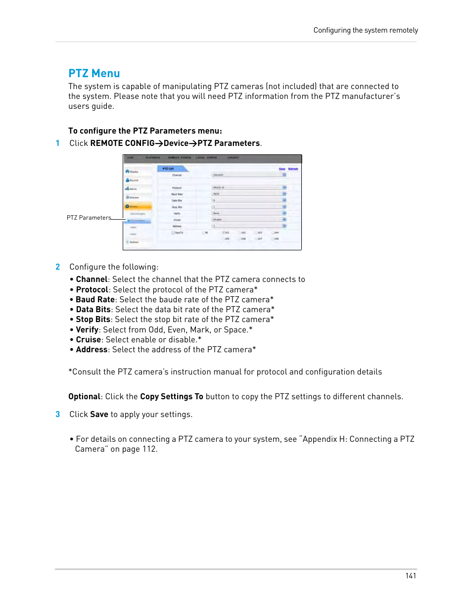 1 click remote config>device>ptz parameters, 2 configure the following, 3 click save to apply your settings | Ptz menu | LOREX Technology Lorex Digital Video Surveillance Recorder lh1 10 User Manual | Page 155 / 168
