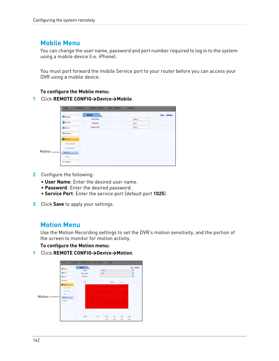 1 click remote config>device>mobile, 2 configure the following, 3 click save to apply your settings | 1 click remote config>device>motion, Troubles, Mobile menu, Motion menu | LOREX Technology Lorex Digital Video Surveillance Recorder lh1 10 User Manual | Page 156 / 168
