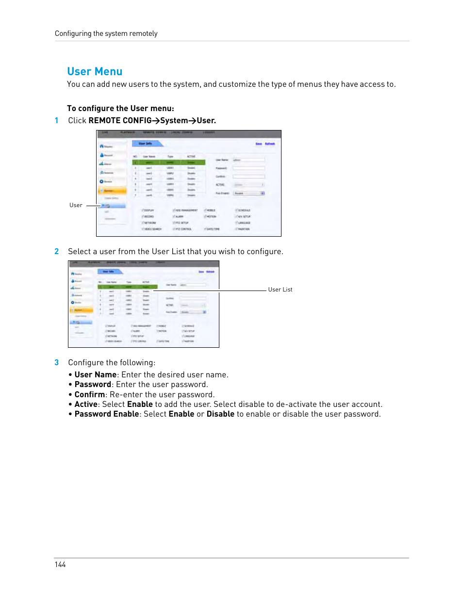1 click remote config>system>user, 3 configure the following, User menu | LOREX Technology Lorex Digital Video Surveillance Recorder lh1 10 User Manual | Page 158 / 168