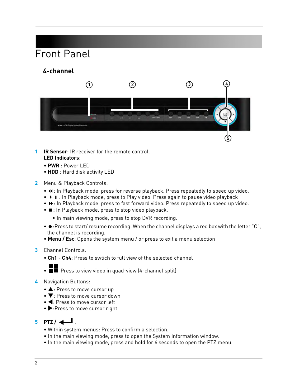 Front panel, 2 menu & playback controls, 3 channel controls | 4 navigation buttons, 5 ptz, Channel | LOREX Technology Lorex Digital Video Surveillance Recorder lh1 10 User Manual | Page 16 / 168